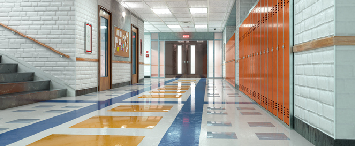 School hallway with doors closed