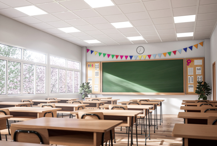 An empty classroom on a sunny day