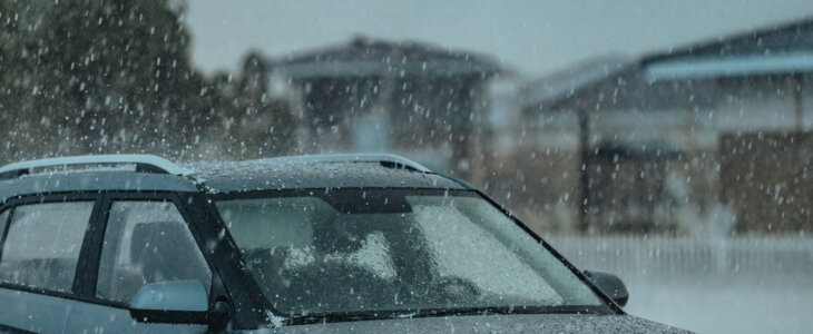 Heavy rain with hail on a car.